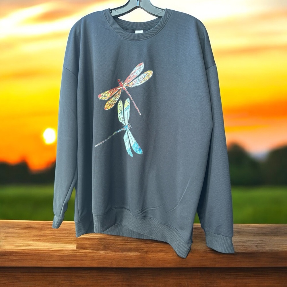 Dragonflies on black crewneck sweatshirt